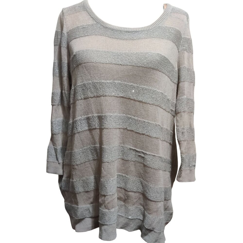 Elle Striped Sequin Sweater Lightweight Open Knit Sparkle Pullover Beige Size XL